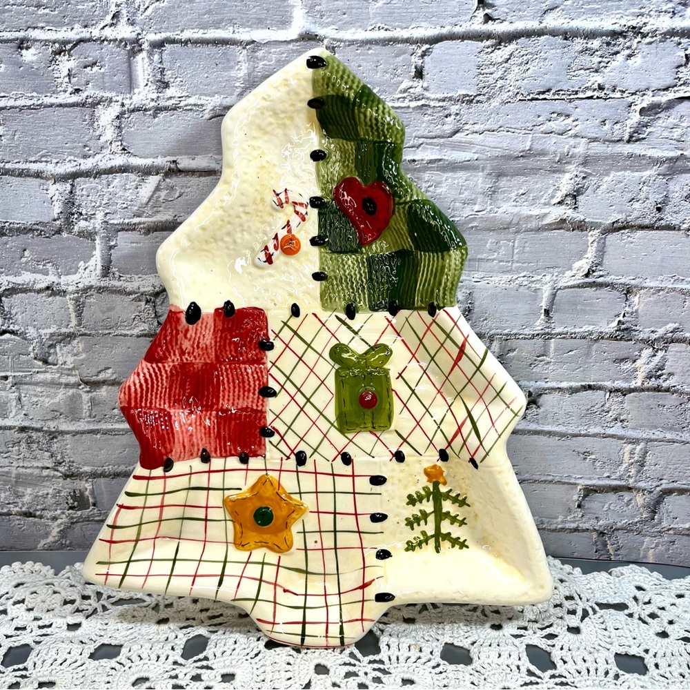 Homespun Holidays Vintage Christmas Tree Shape Cookie Plate/Platter